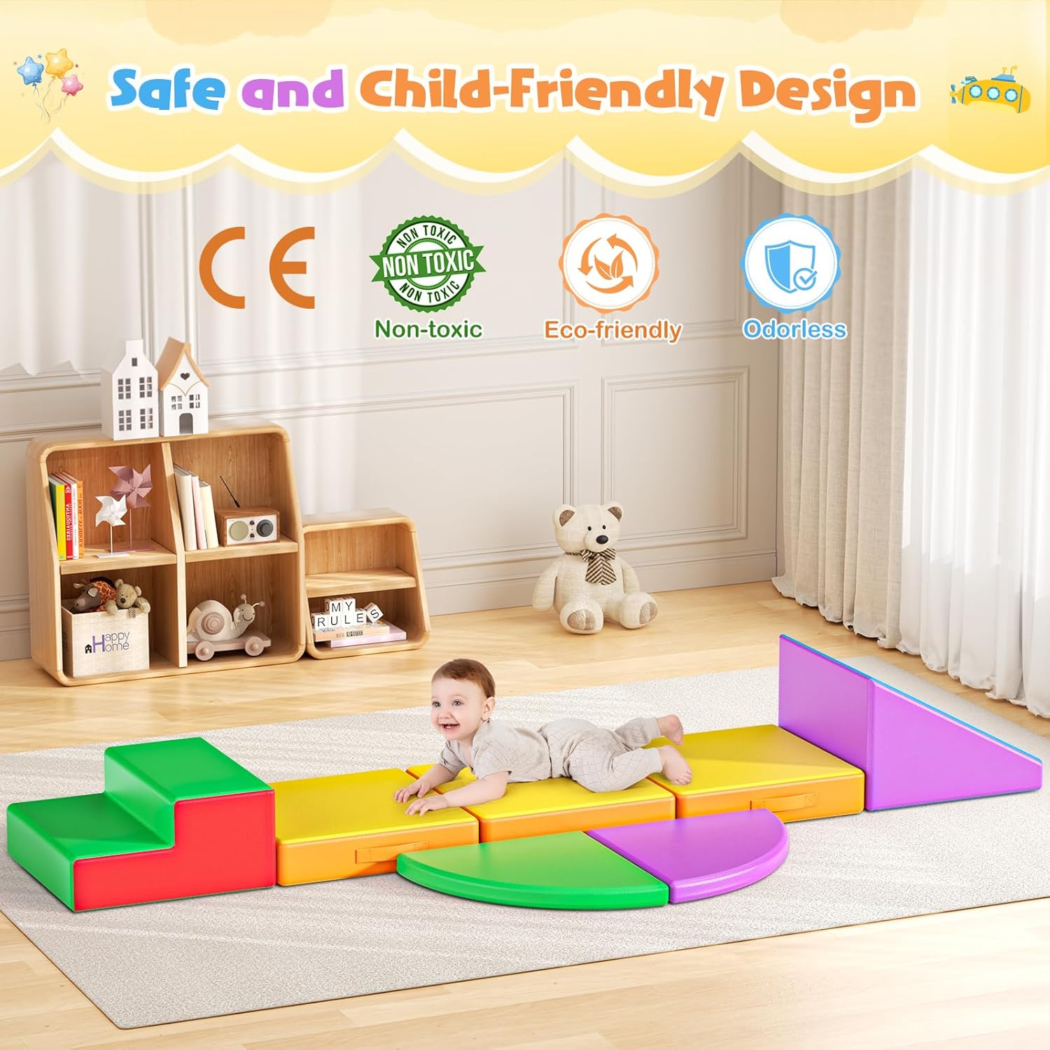Lischwert Foam Climbing Blocks for Toddlers 1-3, 5pcs Foldable Soft Play Set with Crawling