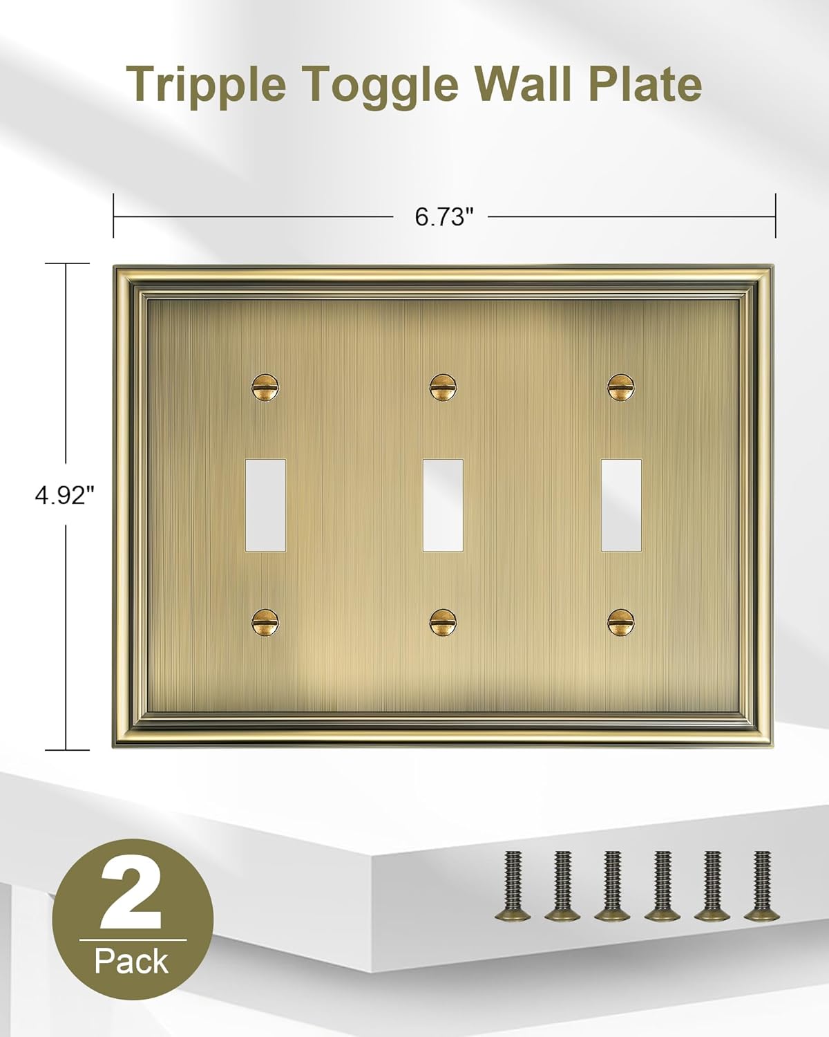 2-Pack Triple Toggle Light Switch Cover Plate, Durable Solid Zinc Alloy Decorative Switch Plate