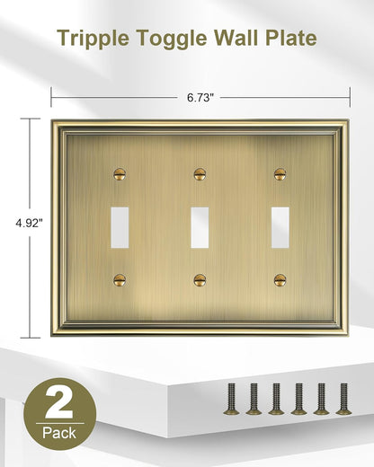 2-Pack Triple Toggle Light Switch Cover Plate, Durable Solid Zinc Alloy Decorative Switch Plate