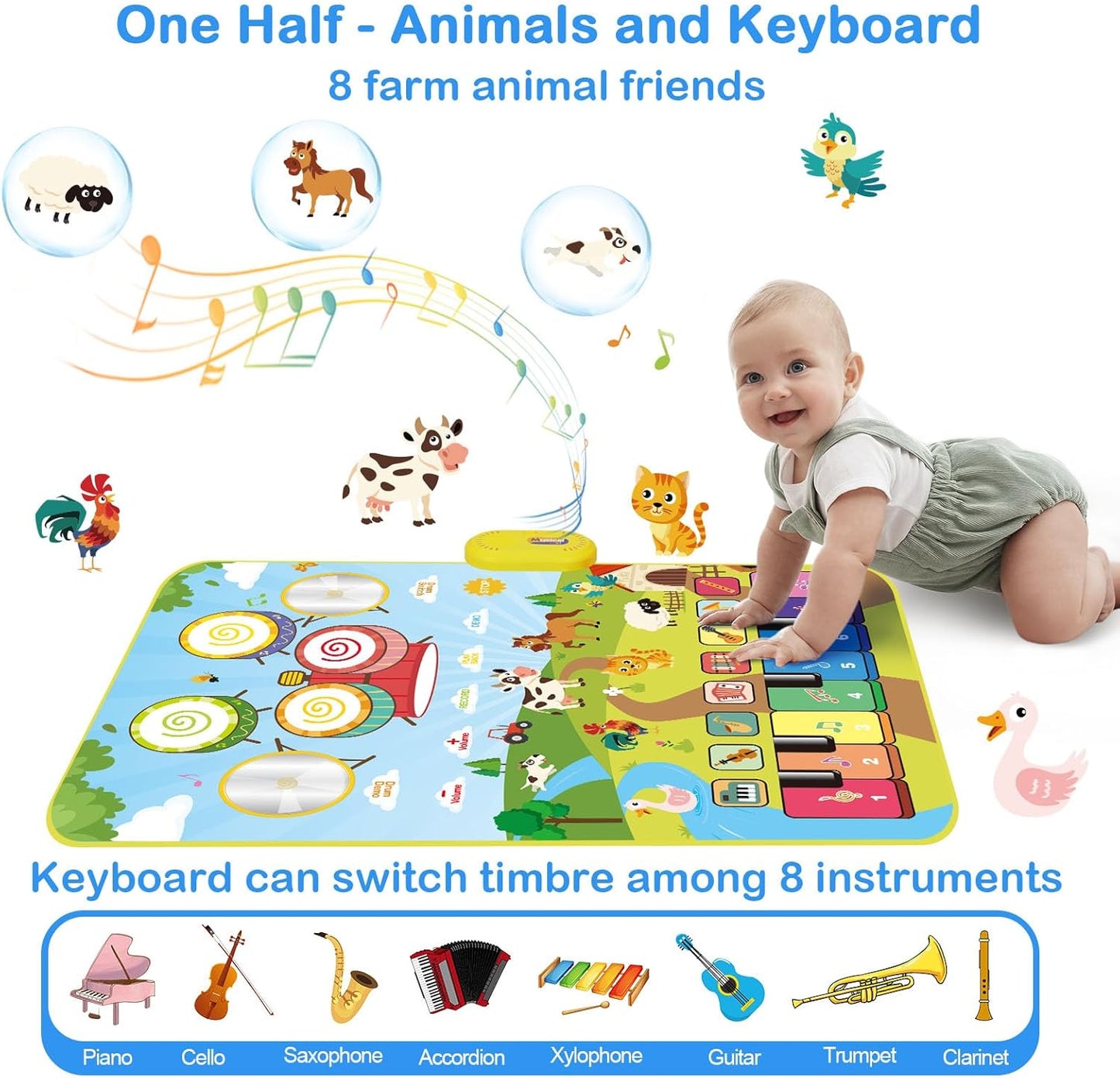 Foki 3-in-1 Musical Mats, Child Floor Piano Drum Animal Music Play Mat Montessori Sensory Early