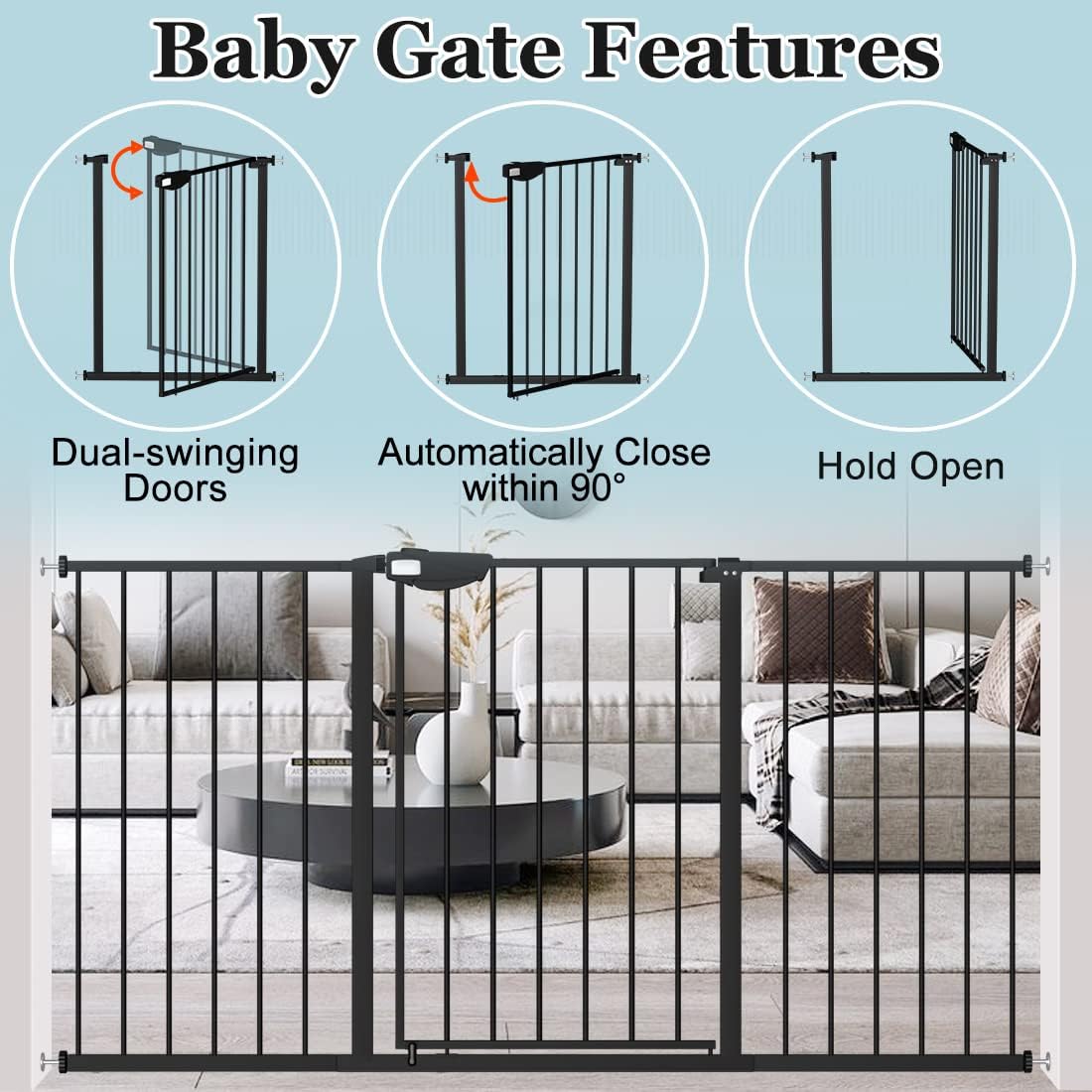 WAOWAO Triple Lock Baby Gate Extra Wide 81.49-86.22" Pressure Mounted Walk Through Swing Auto Close