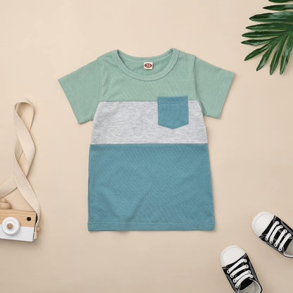 Baby Boy Clothes Toddler Boy Summer Outfits Short Sleeve Patchwork Top T-shirt & Pocket Pant Set 2