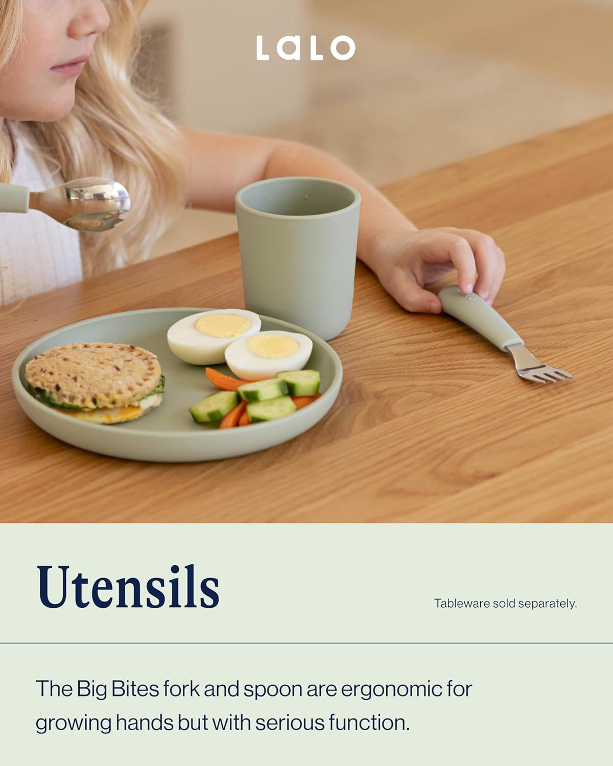 Lalo Utensils - Toddler Fork and Spoon Set - Stainless Steel and Silicone Ergonomic Toddler