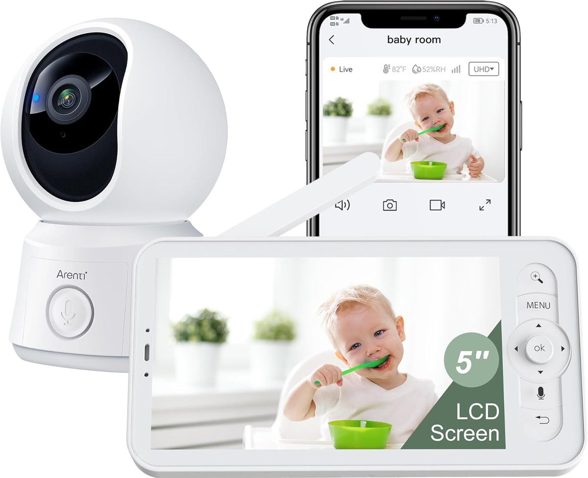ARENTI Video Baby Monitor with Camera and Audio, 5-inch Smart Baby Camera Monitor with Free Phone