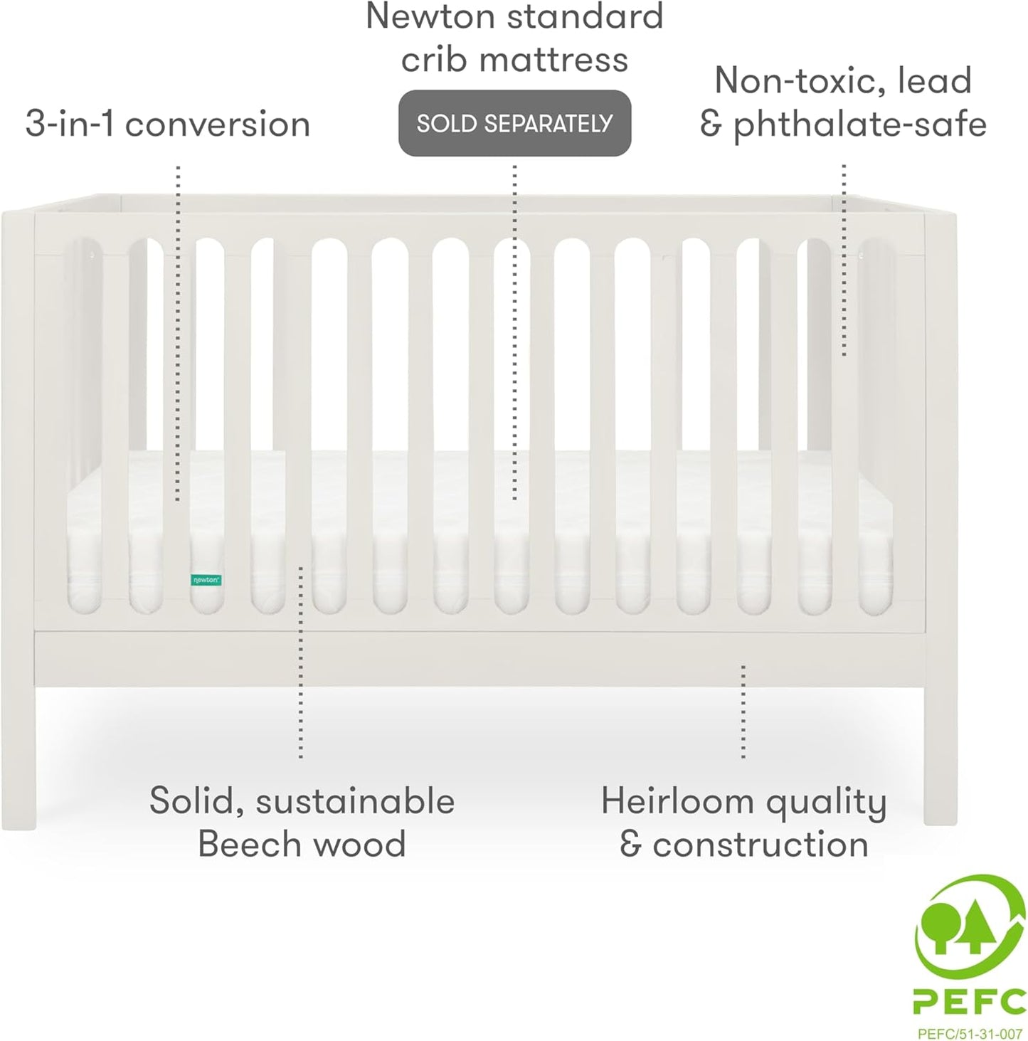Newton Baby Galileo Standard Crib, Solid Beech Wood in White Color, 3-in-1 Convertible Crib with