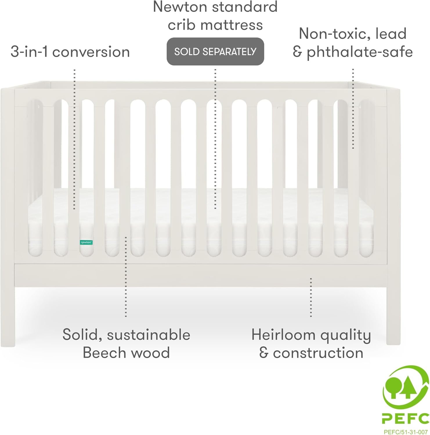 Newton Baby Galileo Standard Crib, Solid Beech Wood in White Color, 3-in-1 Convertible Crib with