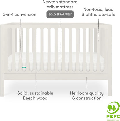 Newton Baby Galileo Standard Crib, Solid Beech Wood in White Color, 3-in-1 Convertible Crib with
