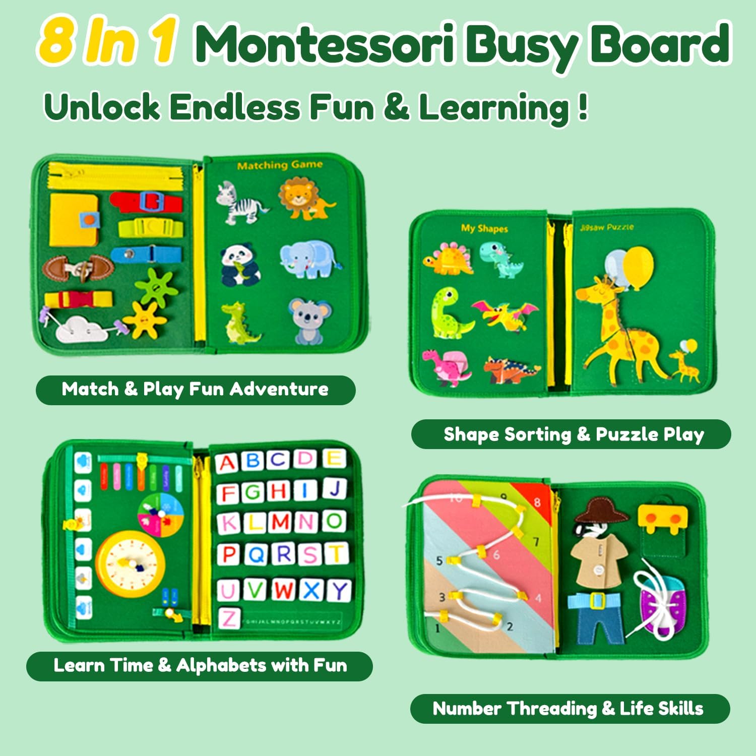 Qizfun Busy Board Book Montessori Toys for 1 2 3 4 Year Old, Boy Girl Birthday Gifts, Educational