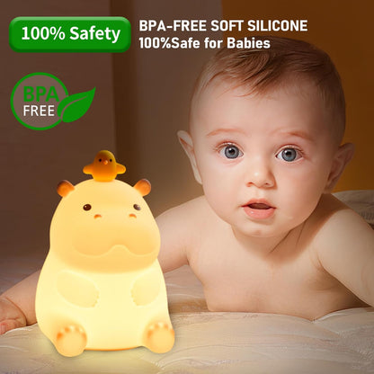 Hippo Night Light, Cute Silicone Squishy LED Lamp, Dimmable Nursery Nightlight, Rechargeable