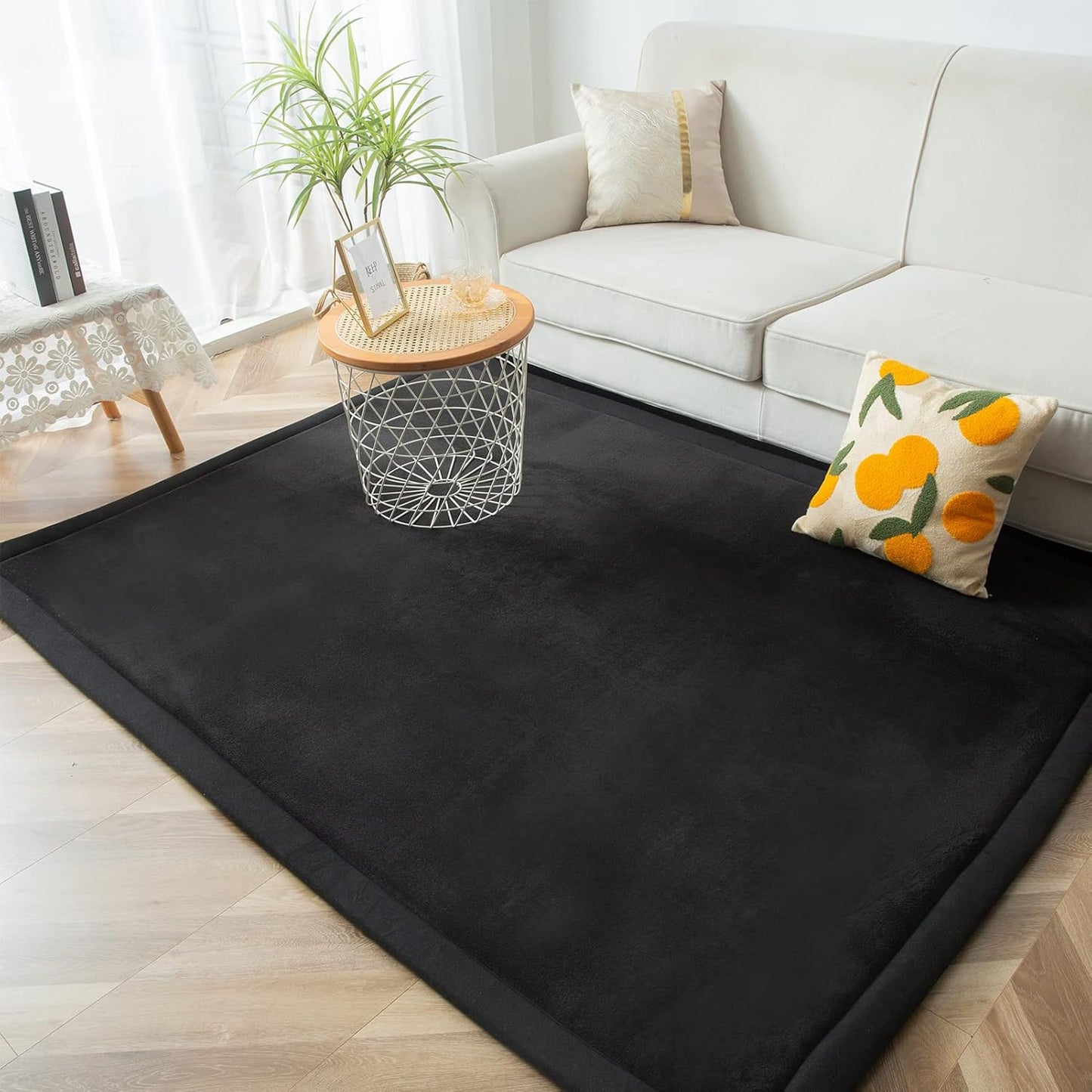 MAXYOYO Black Coral Velvet Area Rug, Thick Japanese Tatami Mat Living Room Carpet with Non-Slip