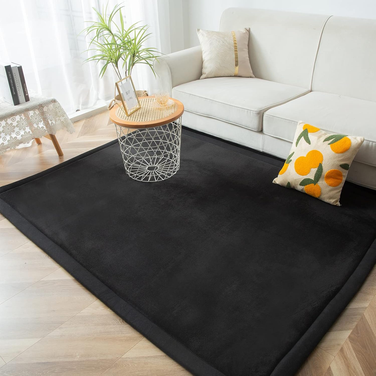 MAXYOYO Black Coral Velvet Area Rug, Thick Japanese Tatami Mat Living Room Carpet with Non-Slip