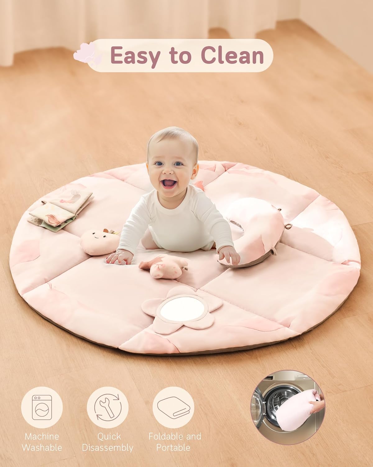 Fortella Baby Play Gym & Activity Mat, Tummy Time Mat w 5 Detachable Toys and Pillow, Large Sensory