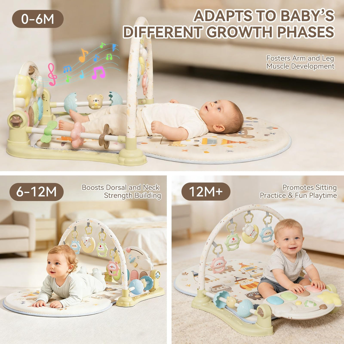 YOULEBITOYS Baby Play Gym Mat - Funny Play Piano Activity Playmat with 5 Infant Learning Detachable
