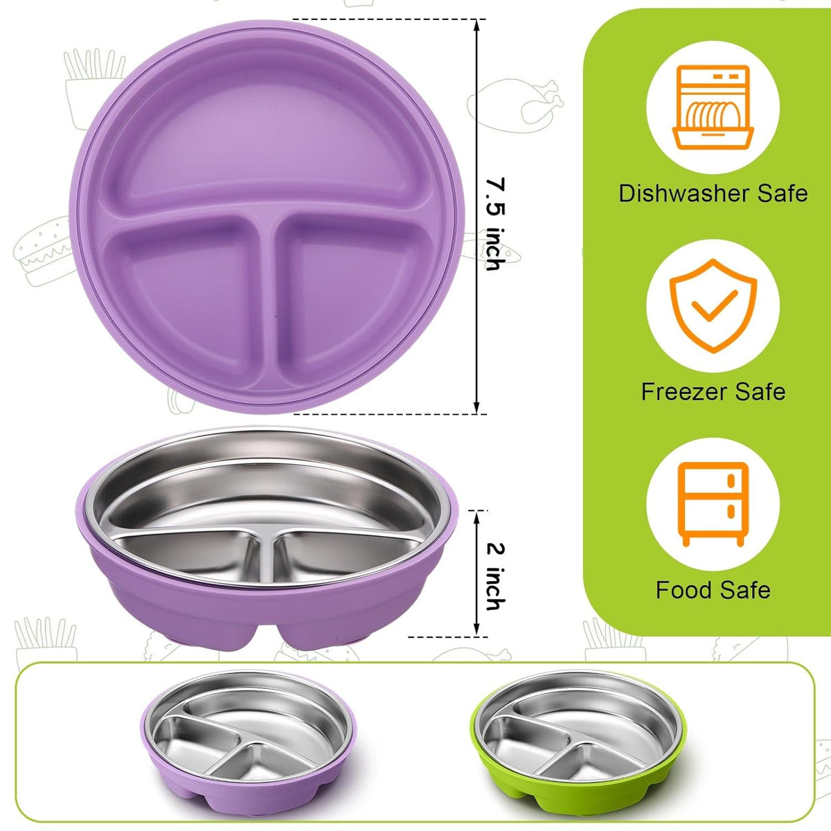 Nuogo 2 Pcs Stainless Steel Baby Suction Plates with Removable Silicone Shell 2-in-1 Metal Toddler