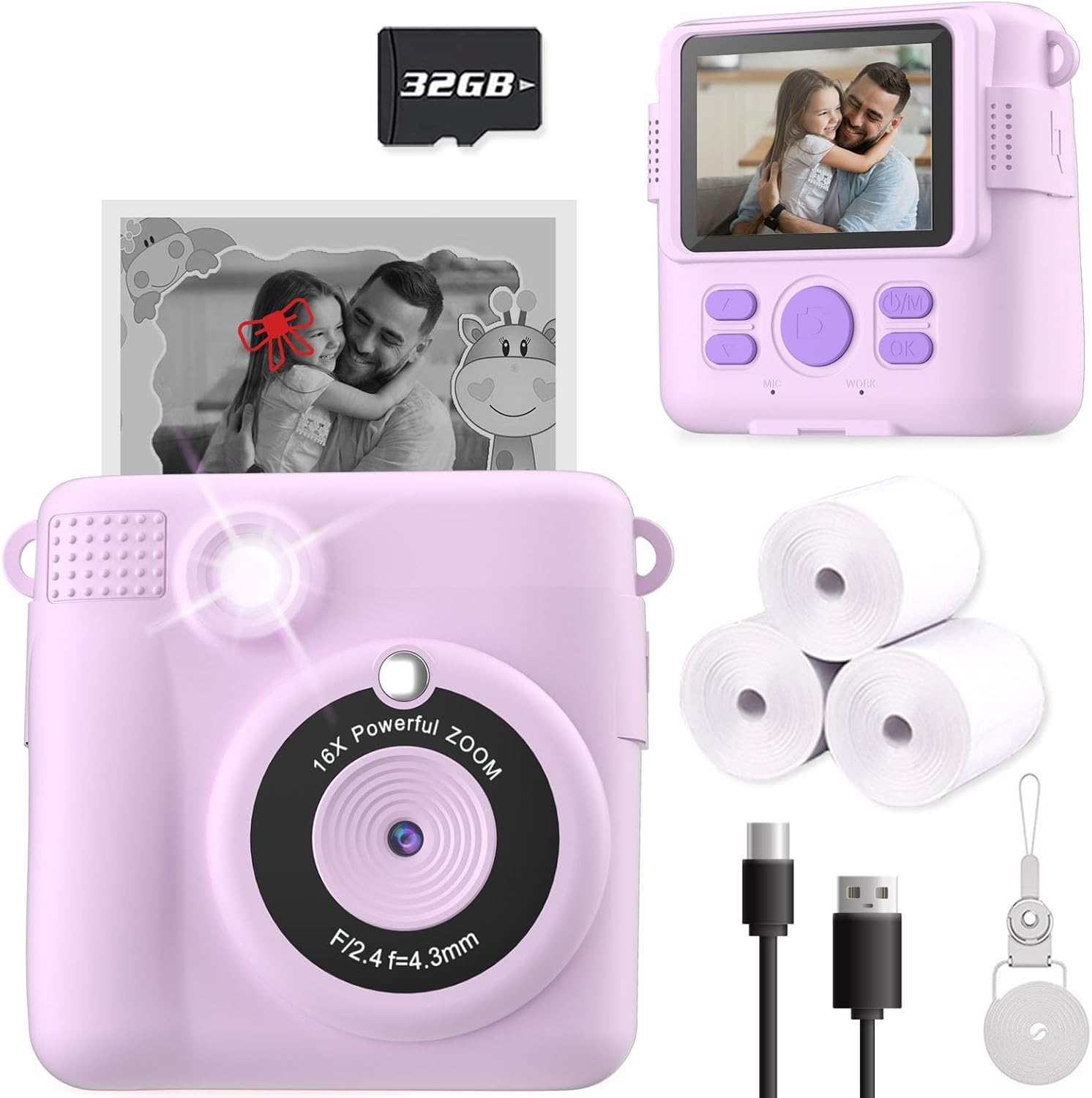 Instant Print Camera for Kids, Christmas Birthday Gifts for Girls Boys, HD Digital Video Cameras