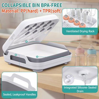 Yecuip Collapsible Baby Bottle Wash Basin w/Drying Rack & Drain Plug, Gray