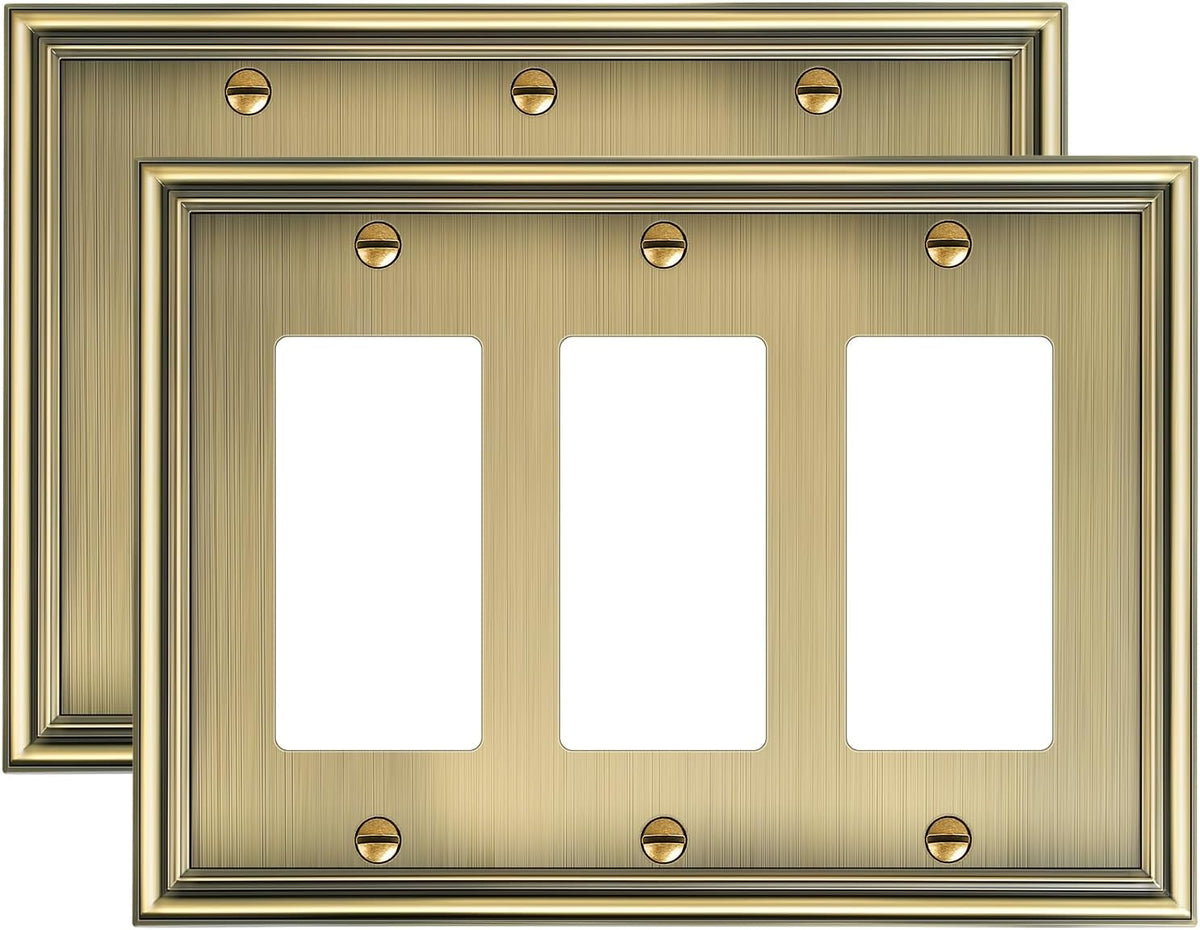 2-Pack Decorative Tripple Decorator Outlet Cover Plate, Durable Zinc Alloy Antique Brass Wall Plate