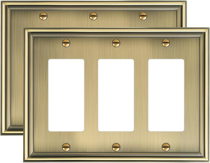 2-Pack Decorative Tripple Decorator Outlet Cover Plate, Durable Zinc Alloy Antique Brass Wall Plate