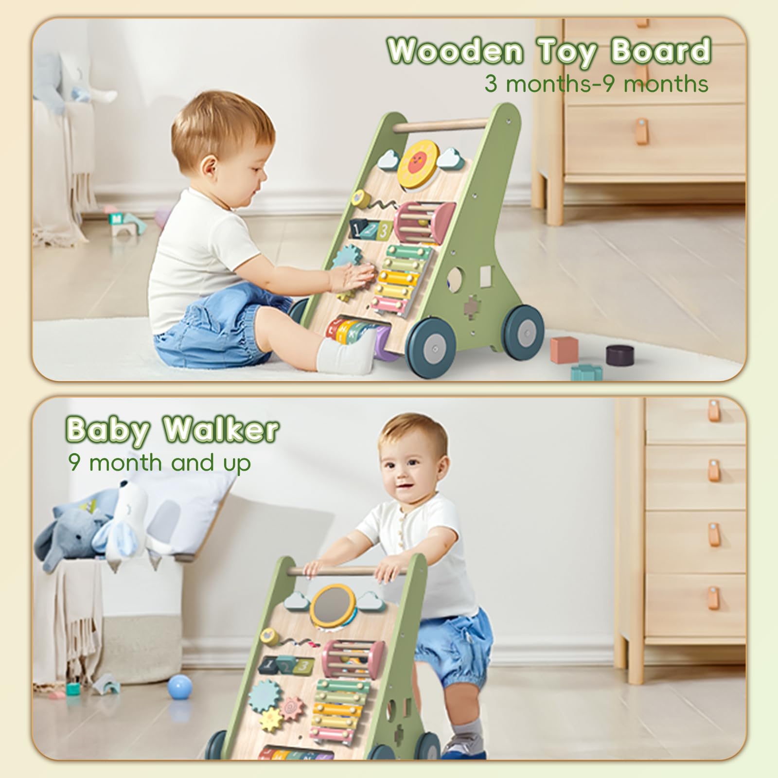 Bautia Wooden Baby Walker, Montessori Push Walker for Babies 10-12 Months