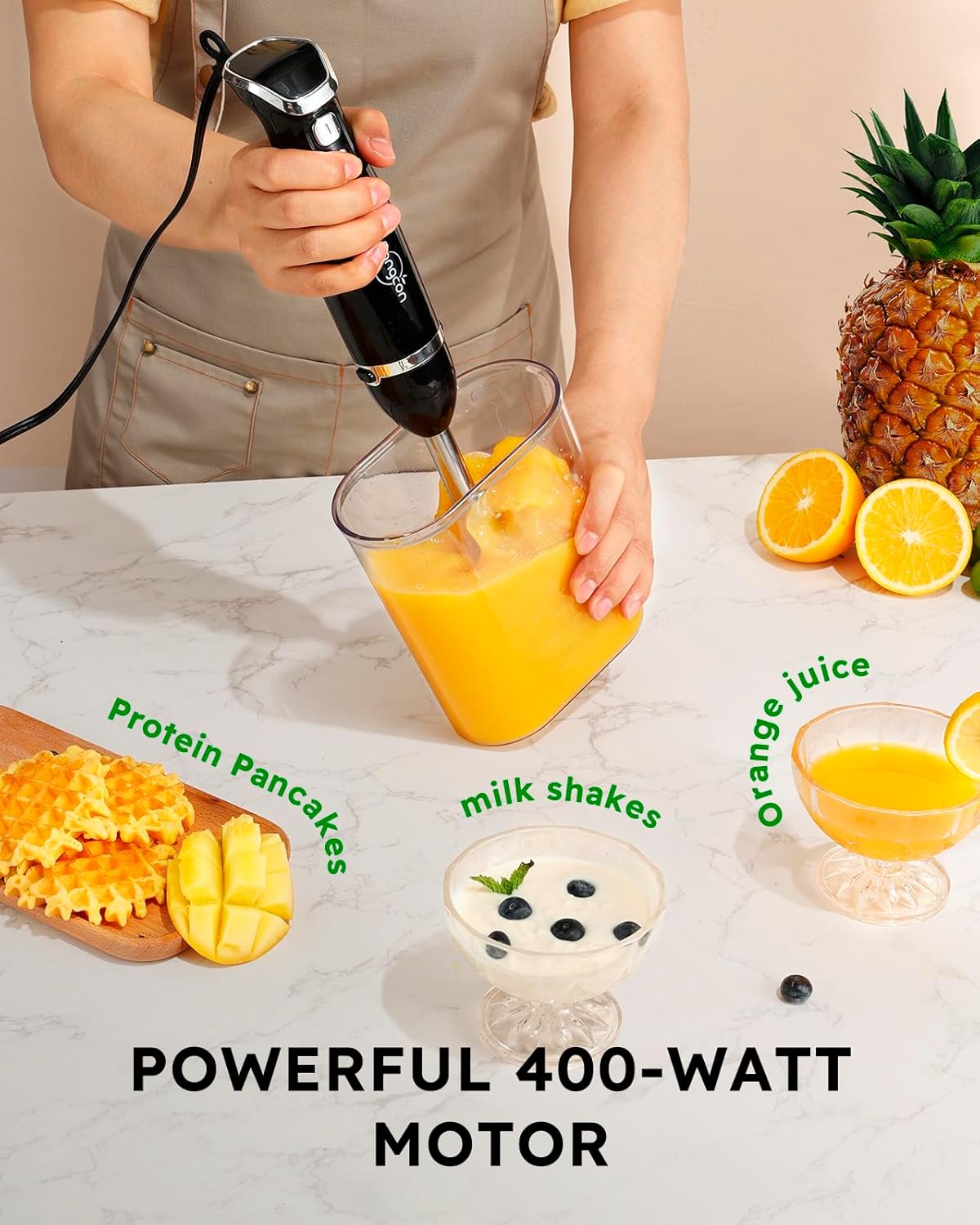 Sangcon 6-in-1 Immersion Blender Handheld, Hand Blender with Chopper & 34oz Blending Cup Storage