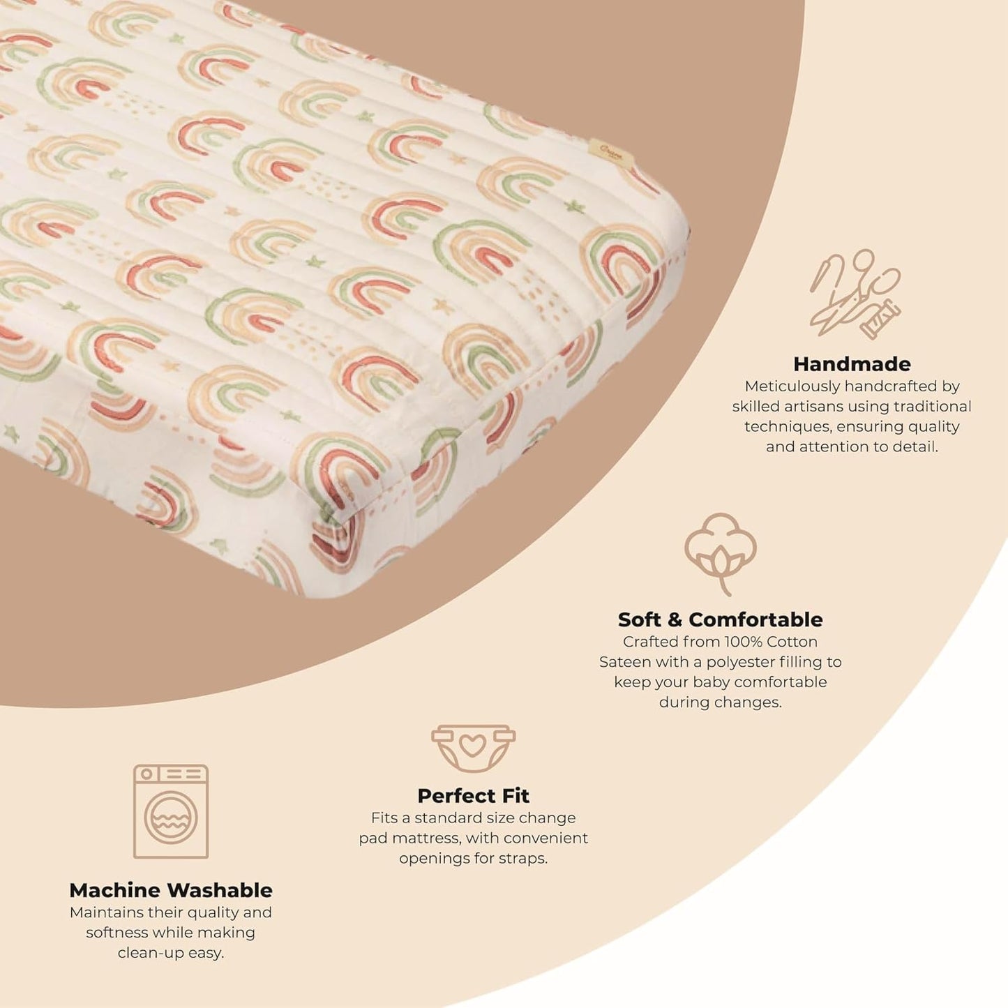 Crane Baby Quilted Changing Pad Cover, 100% Cotton Sateen, 16 X 32, Secure Elastic Fit, Machine
