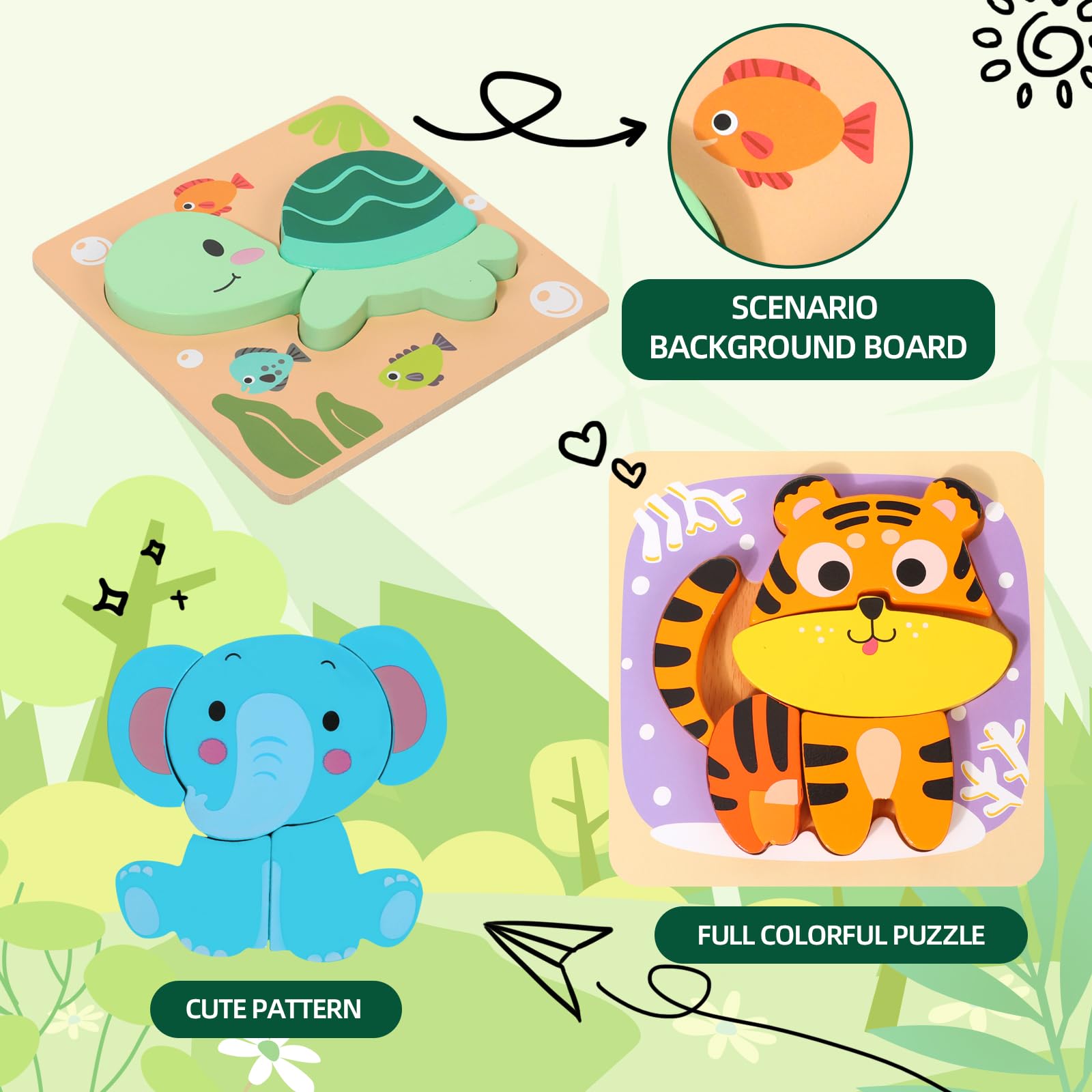 edutree Wooden Puzzles for 2-4, 6 Pack Animal Shape Puzzle Montessori Toys for 2 3 4 Year Old