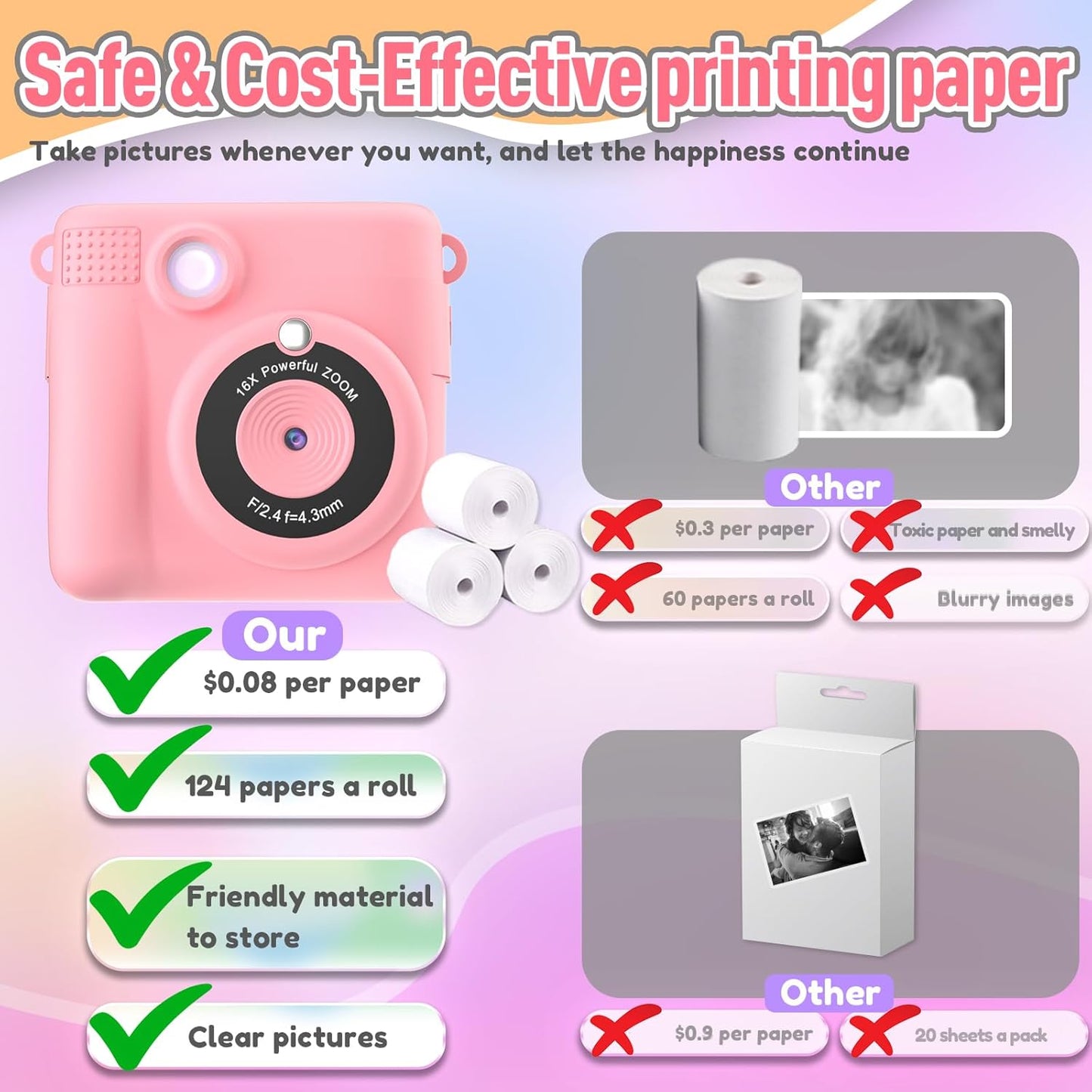 Instant Print Camera for Kids, Christmas Birthday Gifts Girls Boys Age 3-12, HD Digital Video