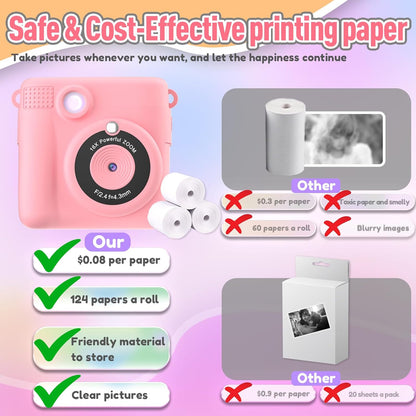 Instant Print Camera for Kids, Christmas Birthday Gifts Girls Boys Age 3-12, HD Digital Video