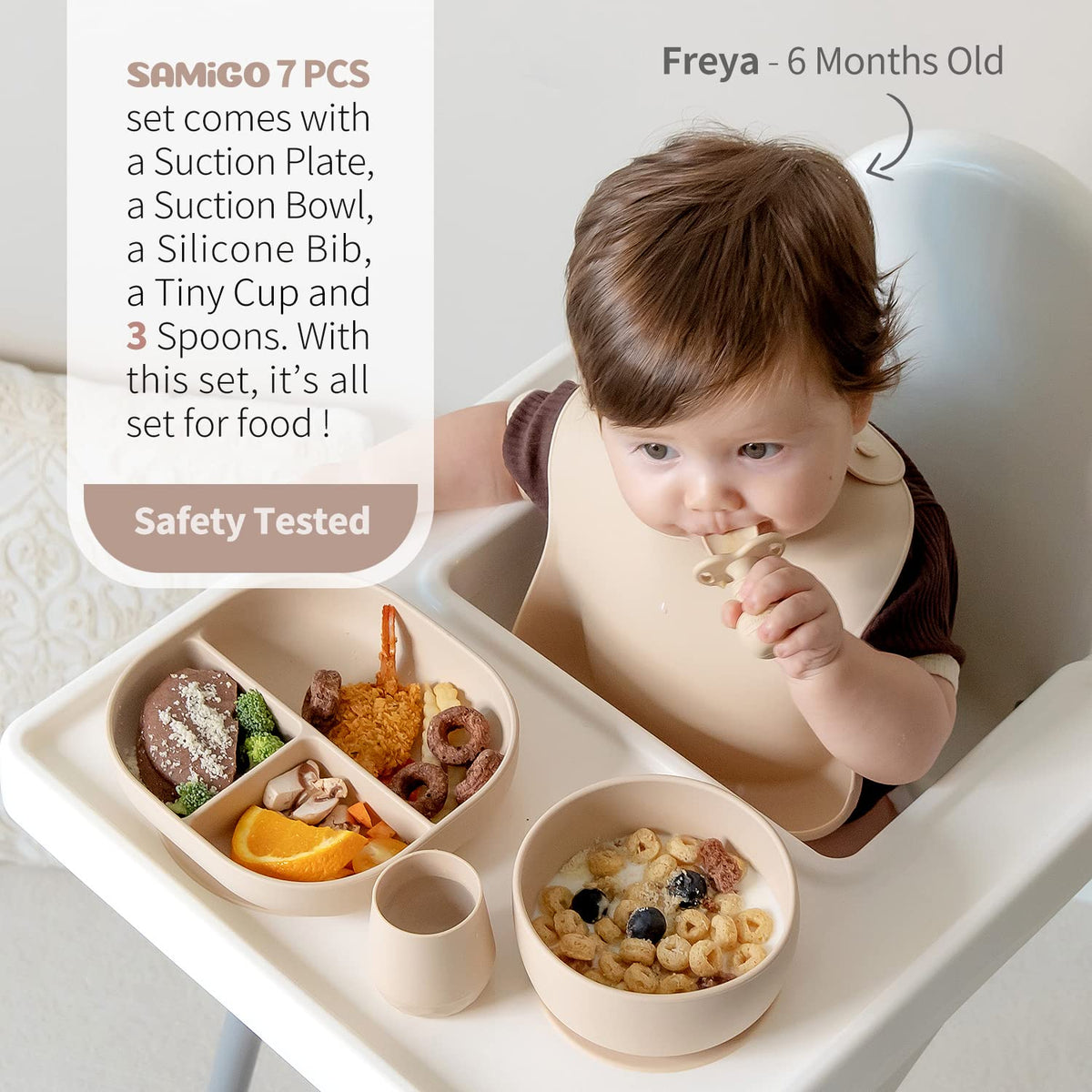 SAMiGO Silicone Baby Feeding Set, Suction Plate Bowl Set, Self Feeding Spoons, Bib, Cup, Baby Led