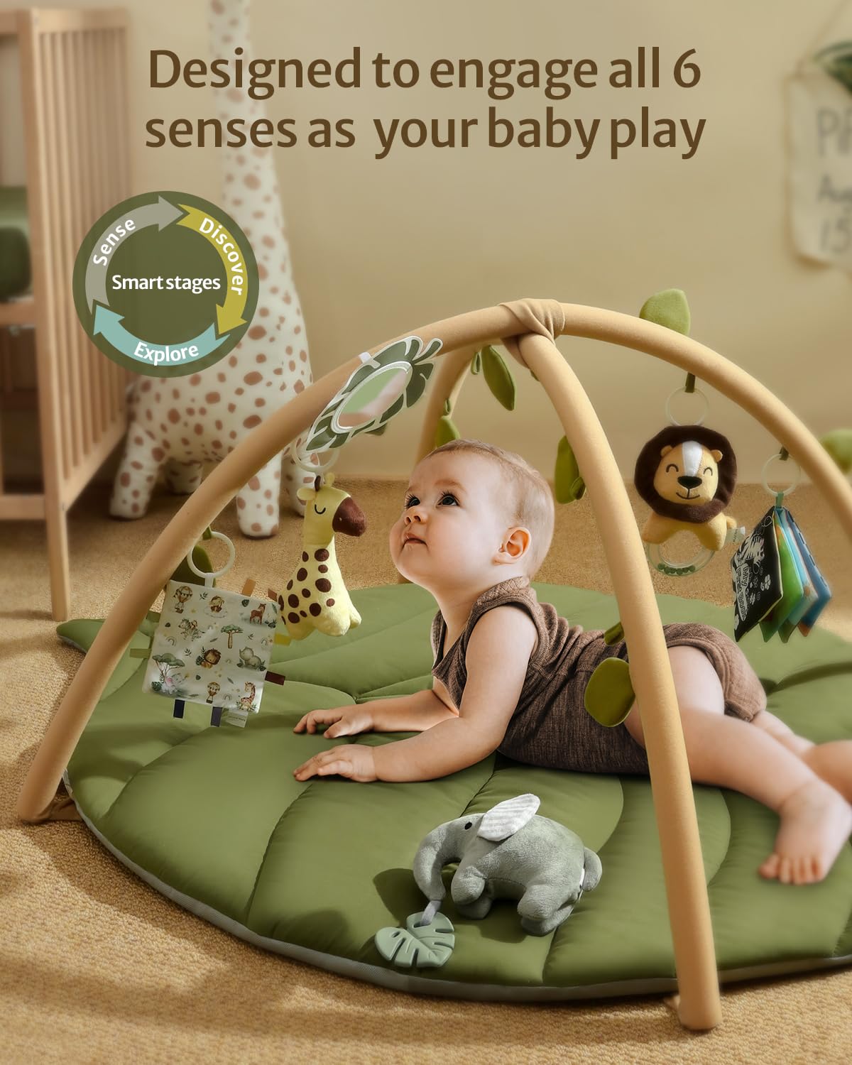Blissful Diary Baby Play Gym & Activity Mat, Oversize Leaf Shaped Baby Play Mat w 6 Detachable