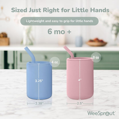 WeeSprout Silicone Baby Cups With Straws and Lids, 4 & 8 oz Options, Set of 2, Food Grade Toddler