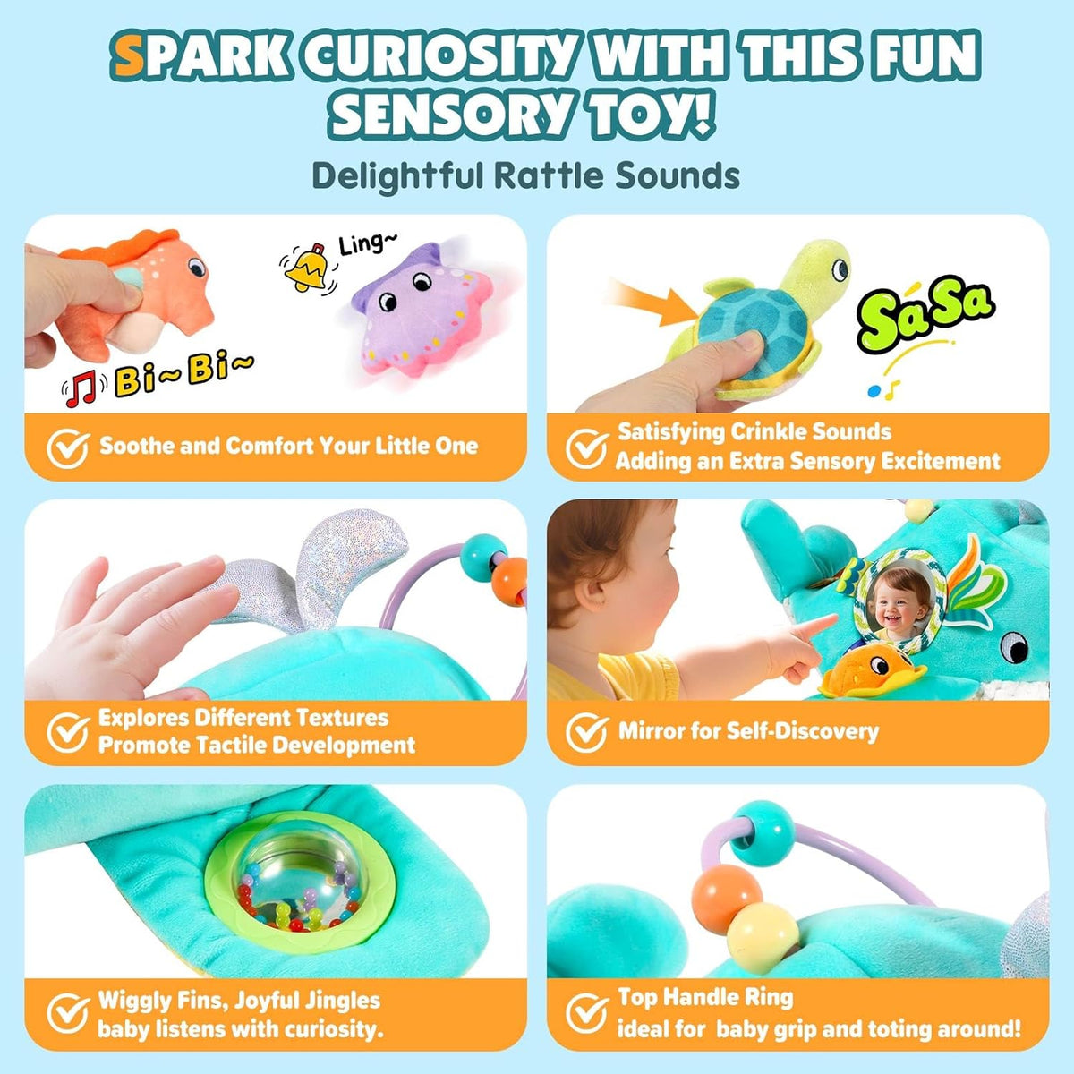 Baby Toys 6-12 Months - Soft Ocean Adventure Toy with Rattle, Crinkle Paper, Squeaker, Mirror