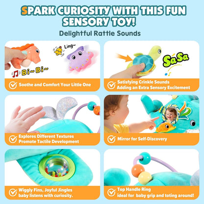 Baby Toys 6-12 Months - Soft Ocean Adventure Toy with Rattle, Crinkle Paper, Squeaker, Mirror