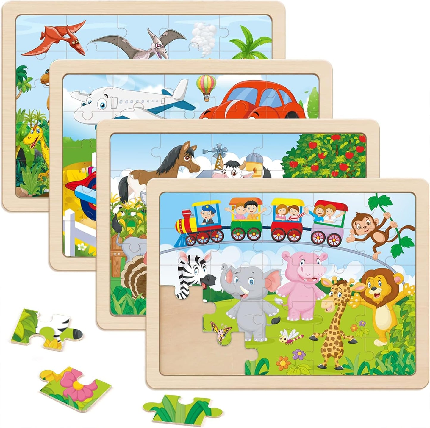 Wooden Puzzles for Kids Ages 4-6, 4 PCs 24 Animals Cars Farm Dinosaur World Jigsaw Puzzles