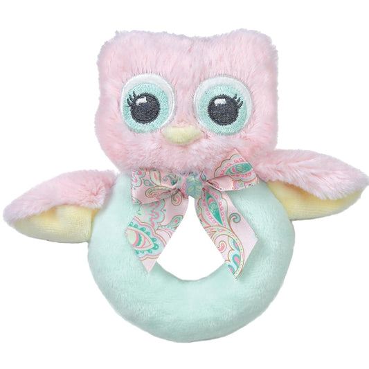 Bearington Baby Lil' Hoots Plush Stuffed Animal Pink Owl Soft Ring Rattle - 5.8" Baby Rattle