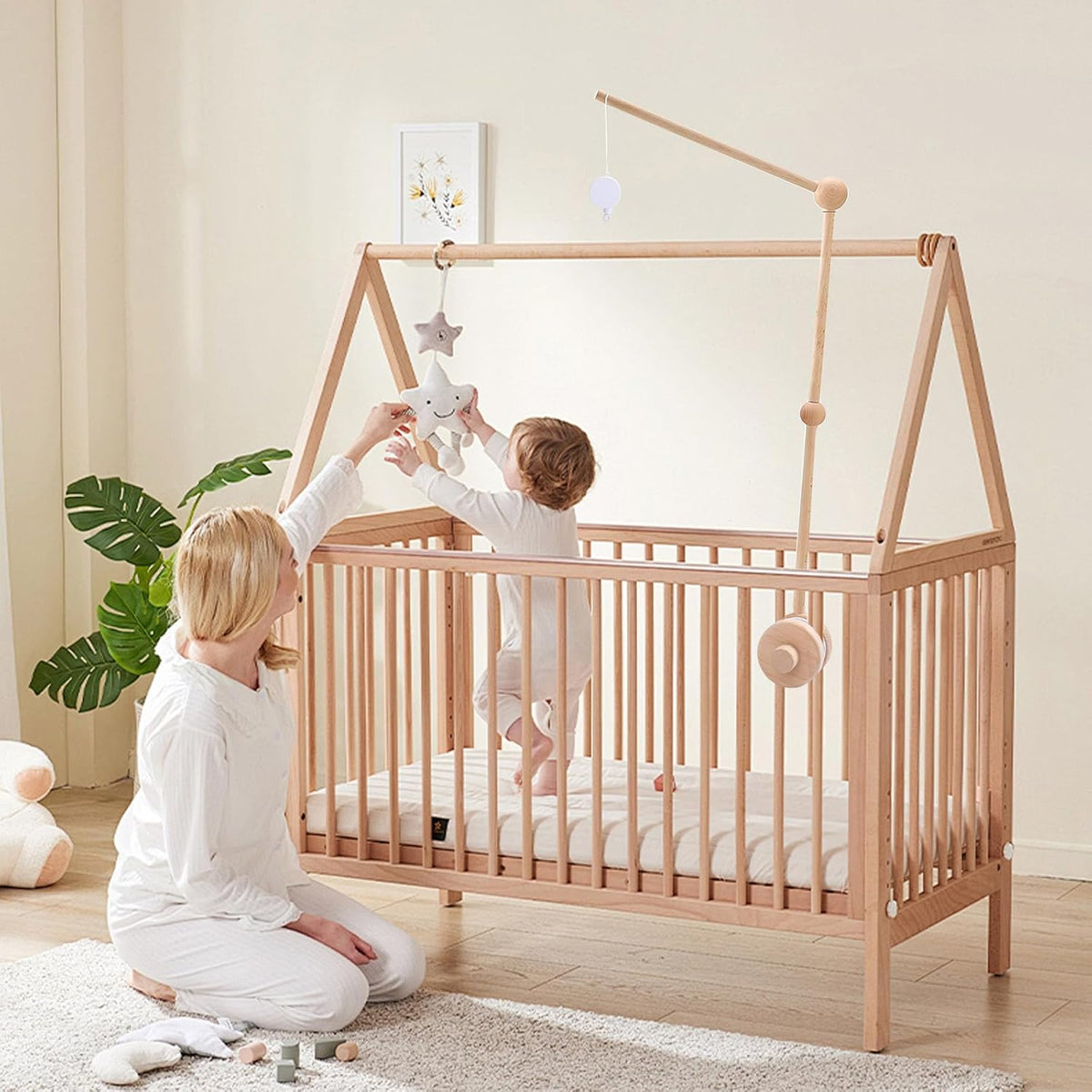 Baby Crib Mobile Arm Wooden Holder with Rotating Music Box Nursery Decor Attachment Safe Anti Slip