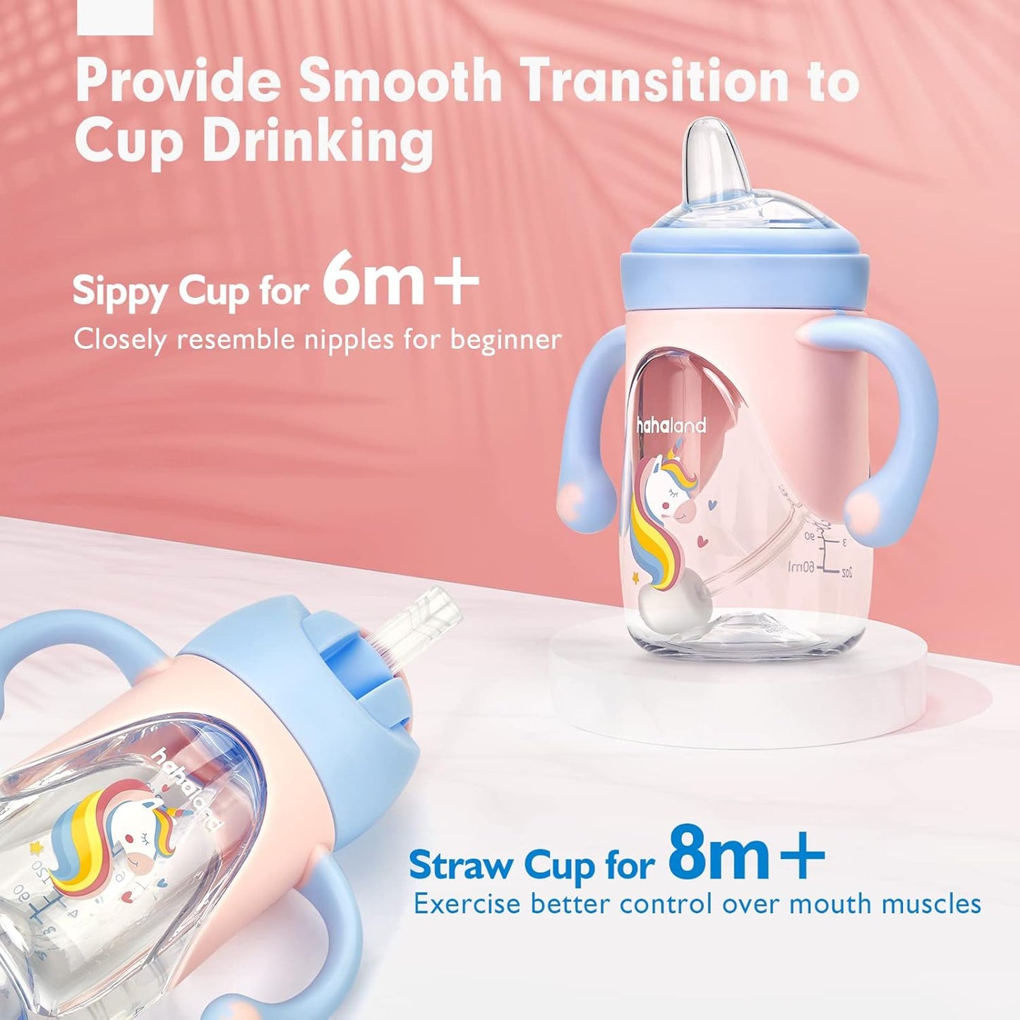 hahaland Sippy Cups for Baby 6-12 Months - 2 in 1 Spout & Straw Unicorns Sippy Cups for Toddlers