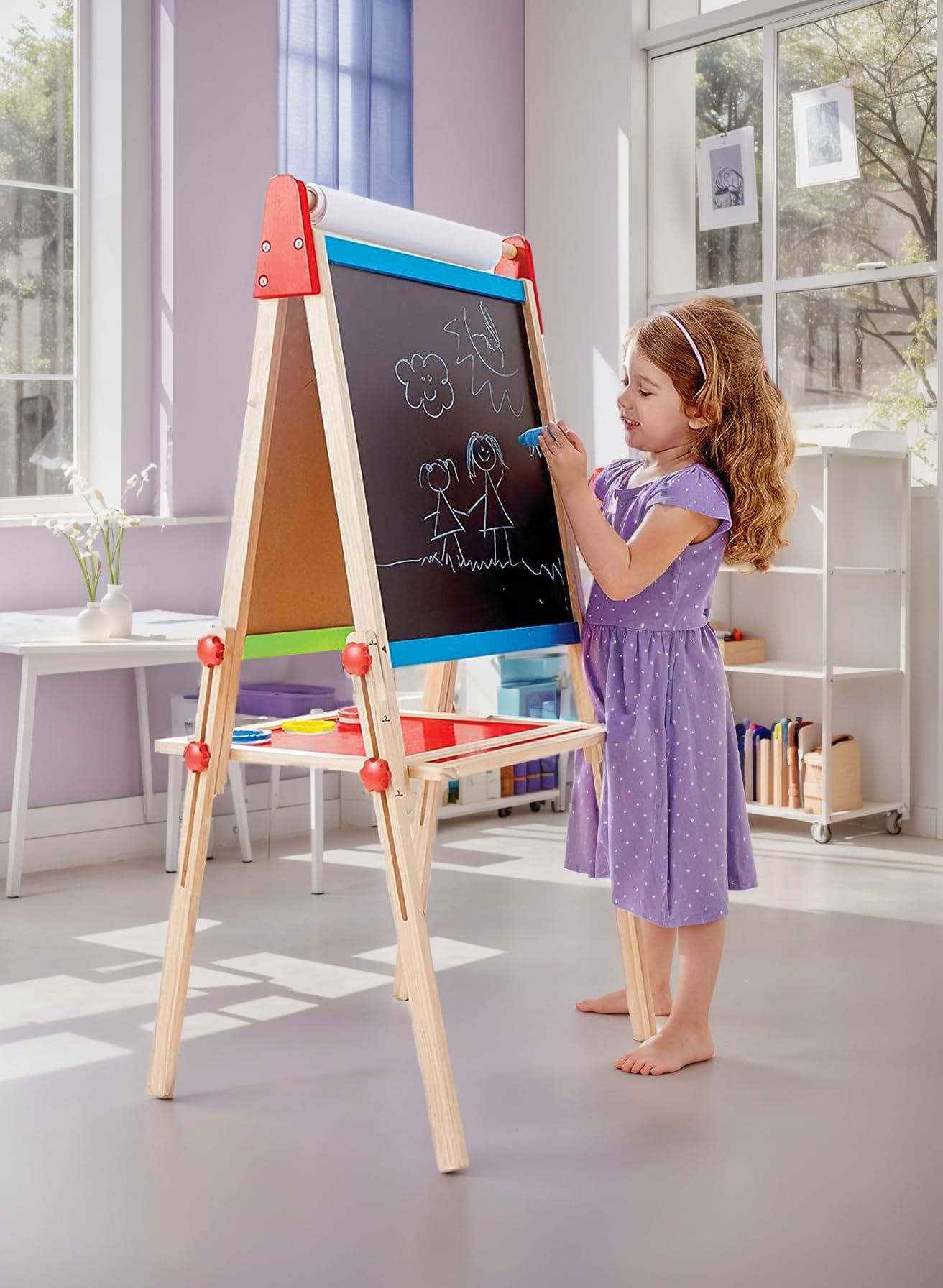 Hape E1010 Magnetic All in 1 Kids Height Adjustable Drawing Dry-Erase Chalkboard Wooden Artist