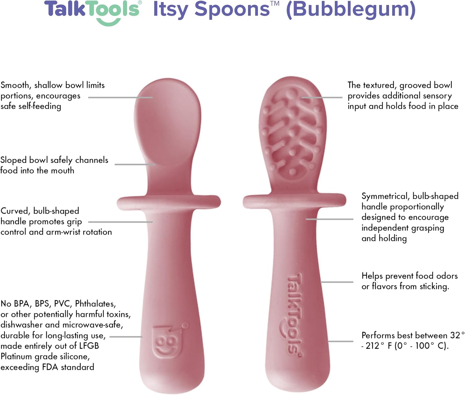 TalkTools ITSY Tiny Silicone Spoons – Twin Pack Soft Silicone Self-Feeding Training Spoons for Kids