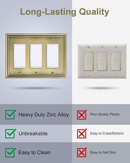 2-Pack Decorative Tripple Decorator Outlet Cover Plate, Durable Zinc Alloy Antique Brass Wall Plate