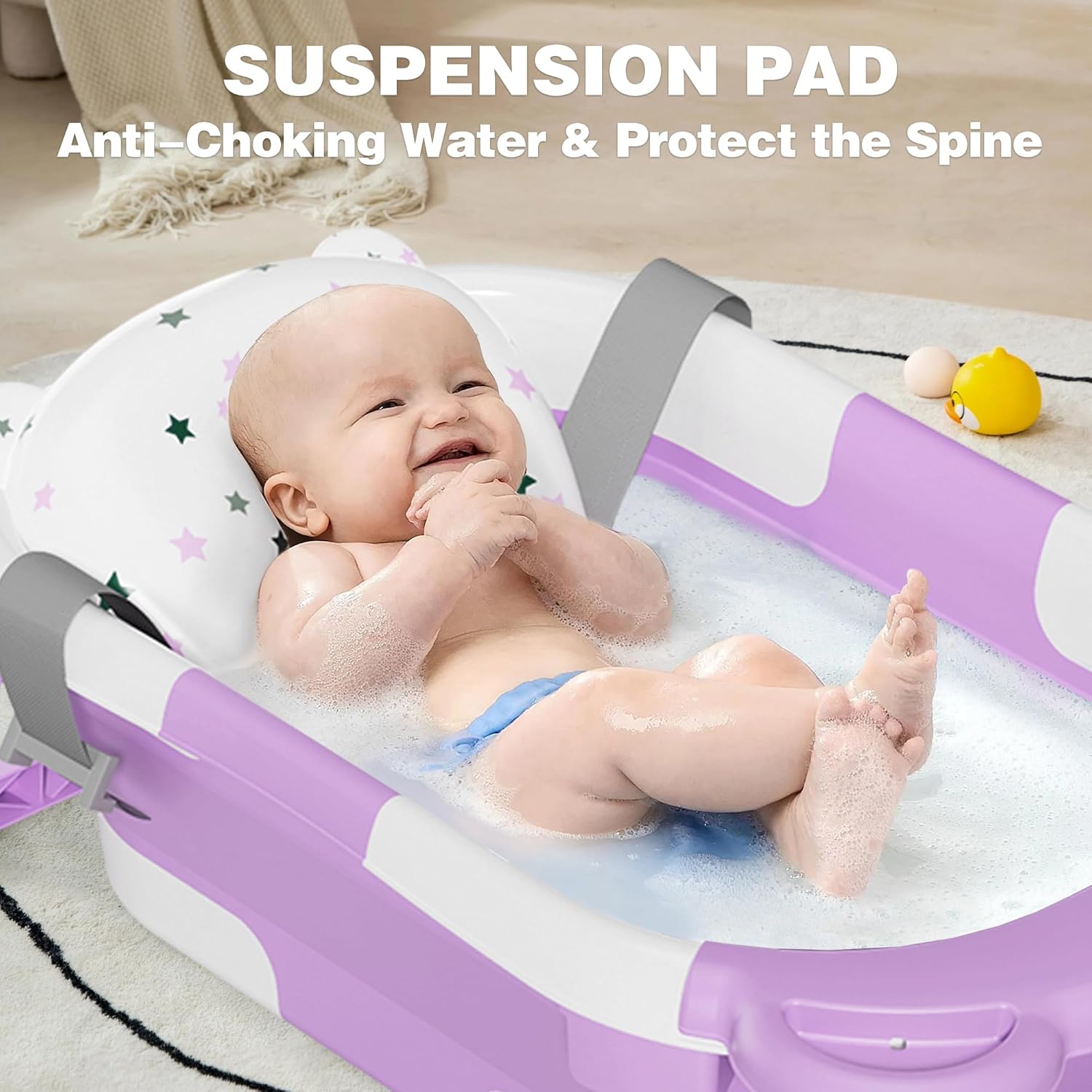 MoreFeel Collapsible Baby Bathtub for Newborn with Thermometer & 1 Hooded Towel & 1 Soft Floating