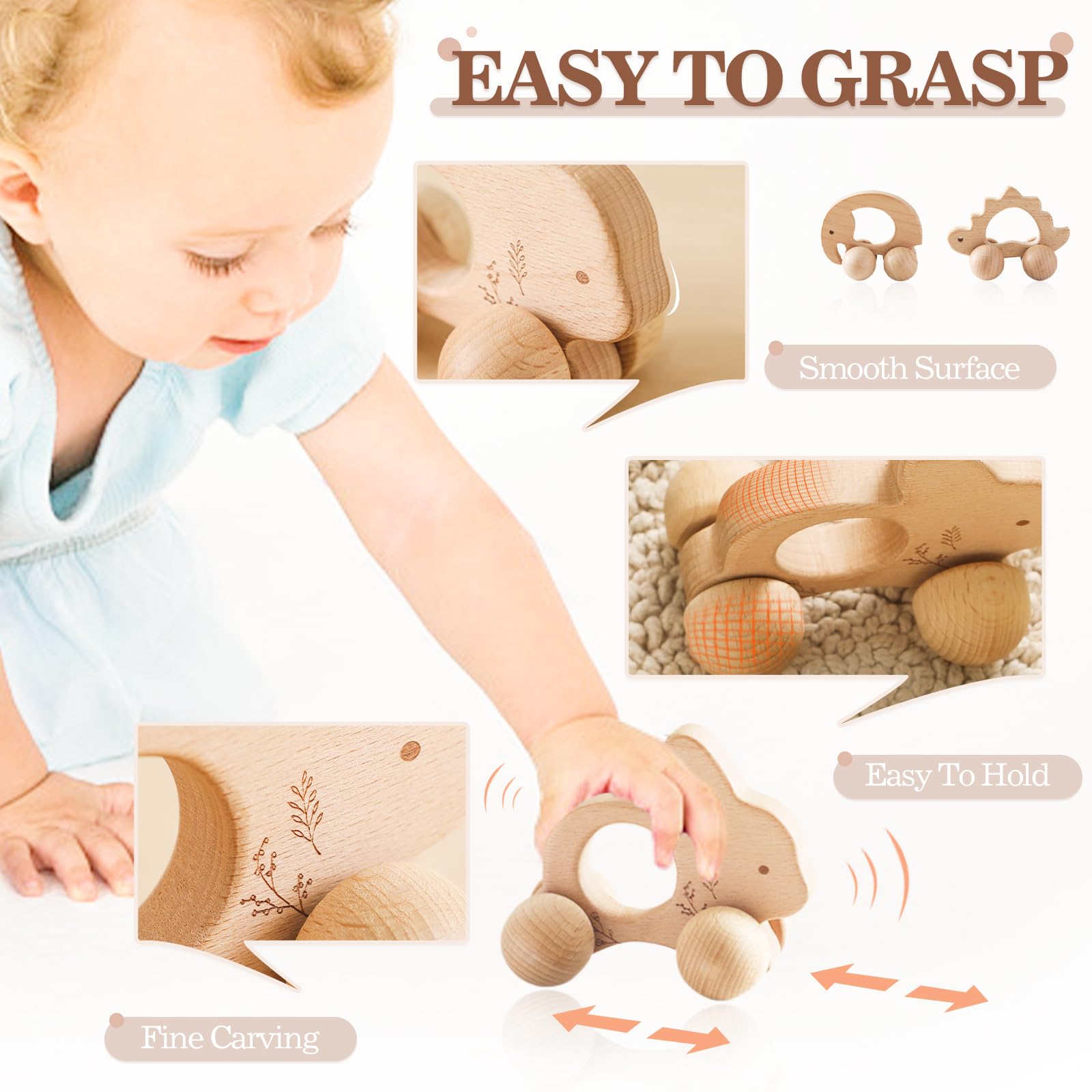 let's make Wooden Baby Rattle 3 PCS Push Car Rattle Set Crochet Rattle Ring Wooden Montessori Toy