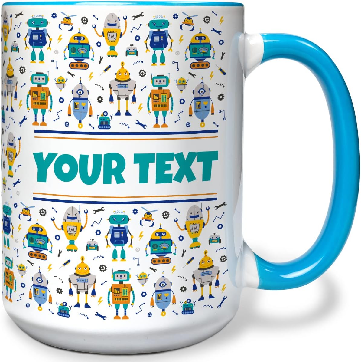 Personalized Mug for Kids - Robots - Custom Name/Text, Ceramic Hot Chocolate/Cocoa/Coffee Cup for