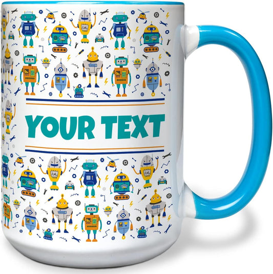 Personalized Mug for Kids - Robots - Custom Name/Text, Ceramic Hot Chocolate/Cocoa/Coffee Cup for