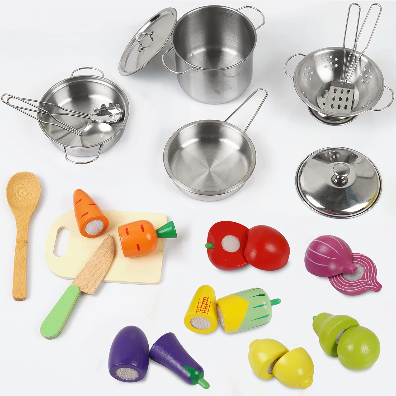 Sundaymot Play Kitchen Accessories, Wooden Play Food, Cooking Set with Stainless Steel Cookware