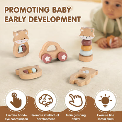 FReniland Wooden Montessori Toys, 5-Piece Wooden Baby Toys, Bear Baby Rattle, Fox Stacking Ring