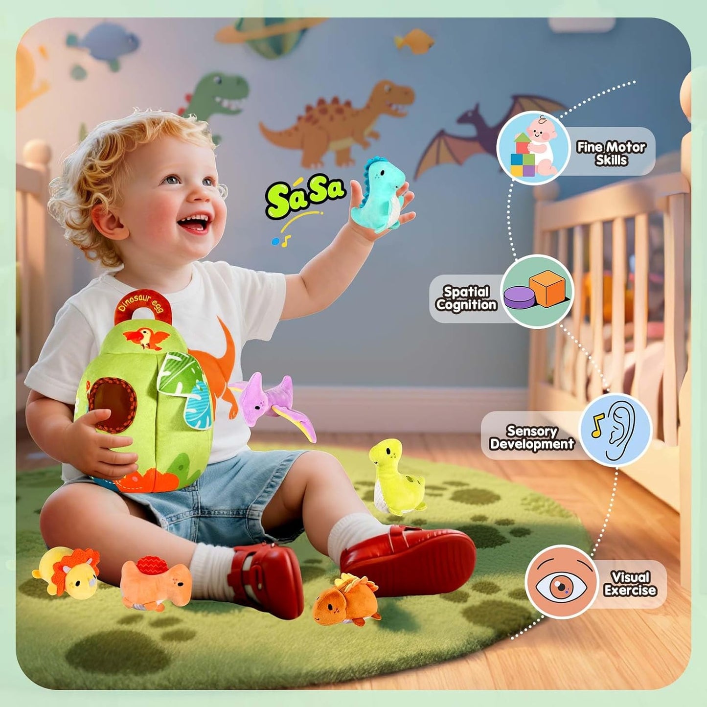 Baby Toys 6-12 Months - Soft Dinosaur Egg Toy with Rattle, Crinkle Paper, Squeaker, Mirror - Baby