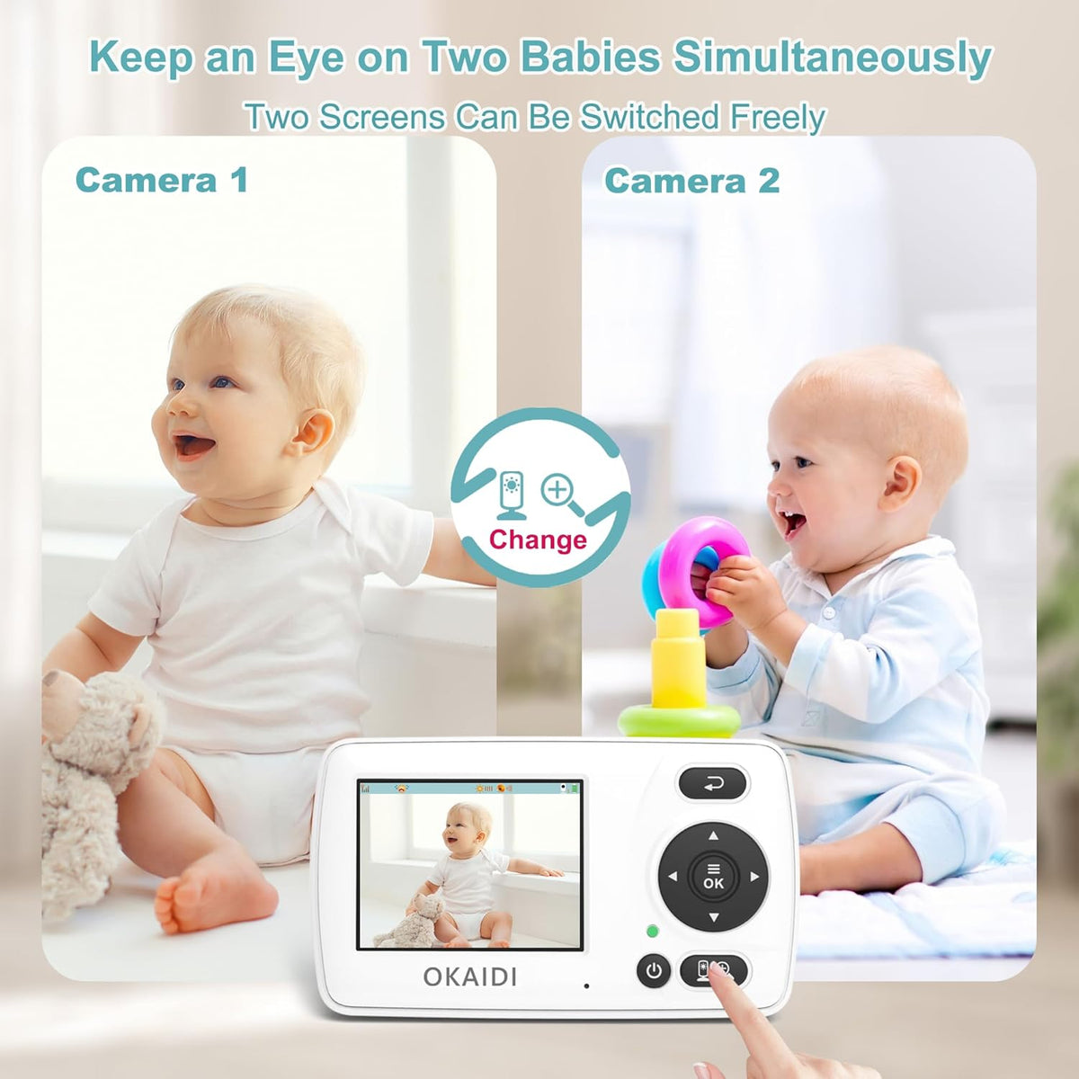 Video Baby Monitor with 2 Cameras, 2.4'' Portable Travel Screen, 1000ft Long Range Transmission