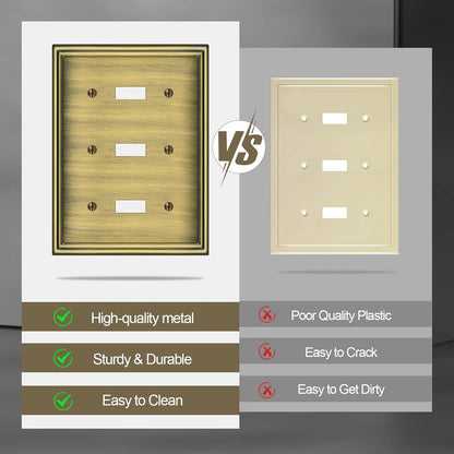 2 Pack Triple Toggle Light Switch Covers Plate, Antique Brass Metal Material Switch Plate Covers, 3