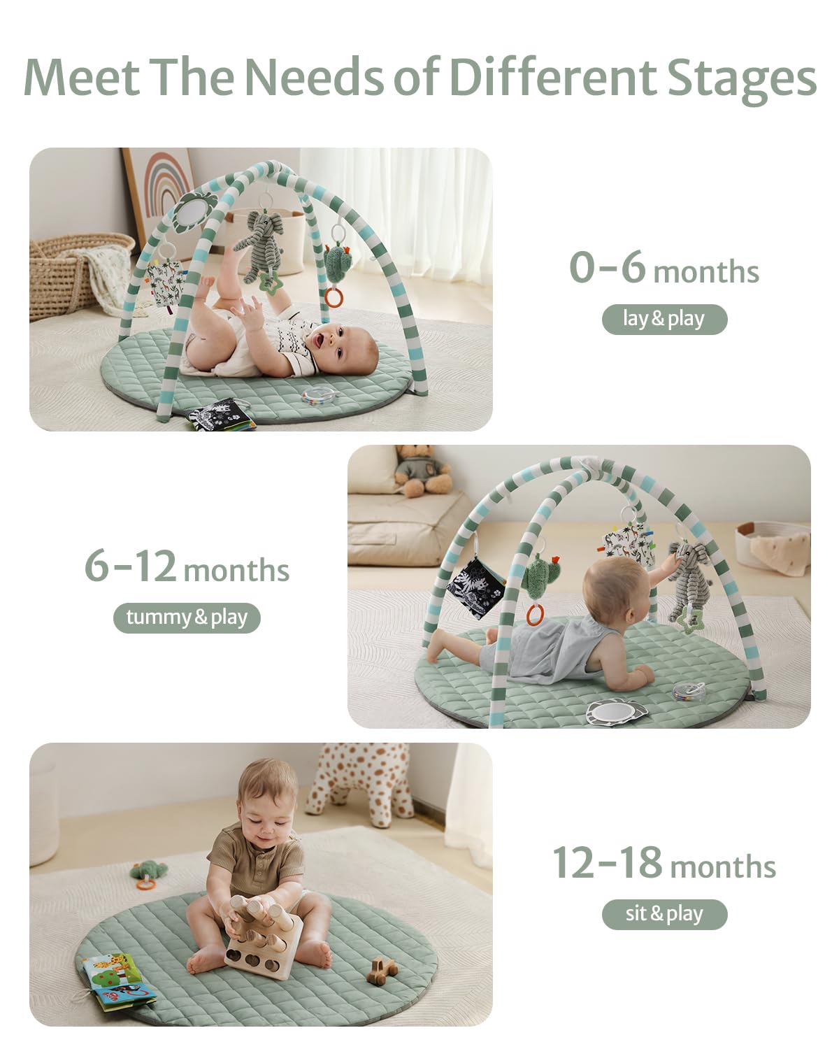 Blissful Diary Baby Play Gym Mat, Tummy Time Mat with 6 Detachable Toys for Stage-Based Sensory &